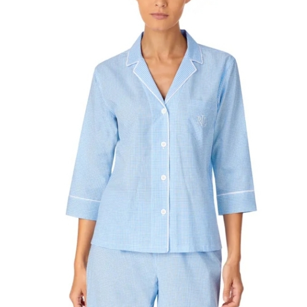Lauren Ralph Lauren Checkered Pajama Top Blue Gingham Button Up Size Medium